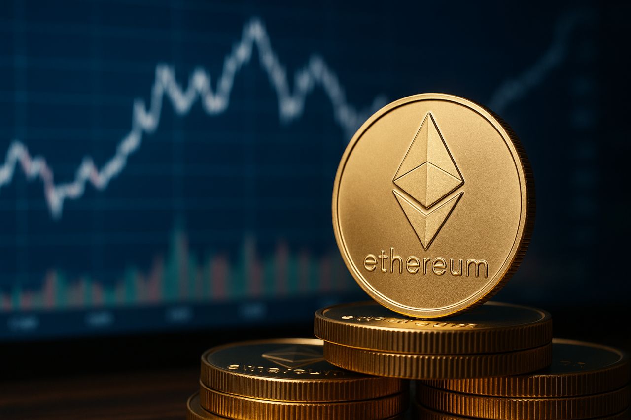 Una moneta con il simbolo di Ethereum e un grafico finanziario sullo sfondo
