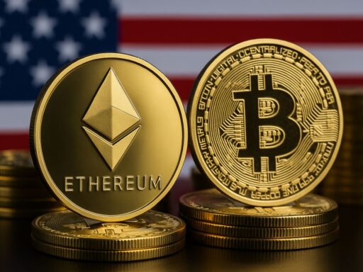 Una moneta di Bitcoin e una di Ethereum con la bandiera degli USA alle spalle