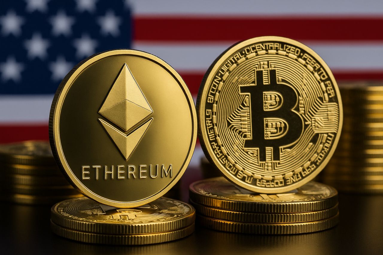 Una moneta di Bitcoin e una di Ethereum con la bandiera degli USA alle spalle