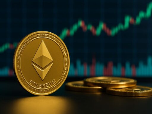Una moneta con il simbolo di Ethereum e un grafico a candele sullo sfondo