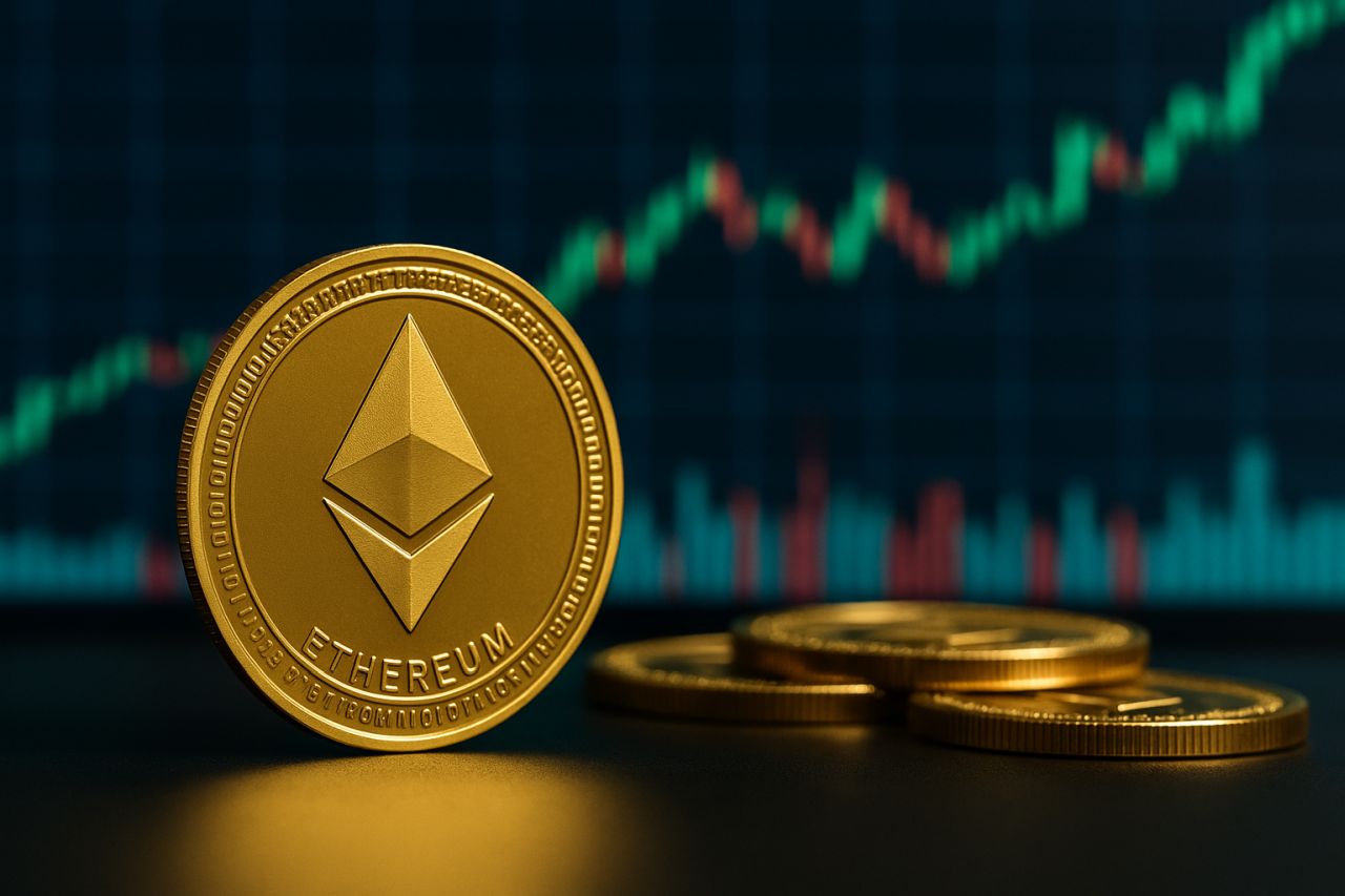 Una moneta con il simbolo di Ethereum e un grafico a candele sullo sfondo