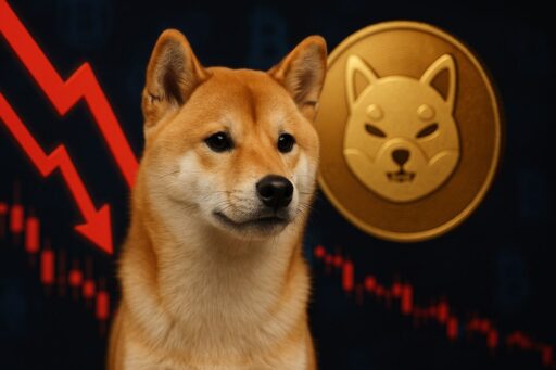 Il cane simbolo di Shiba Inu con un grafico in discesa sullo sfondo