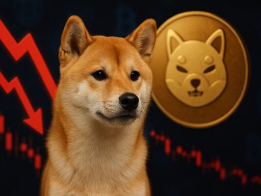 Il cane simbolo di Shiba Inu con un grafico in discesa sullo sfondo