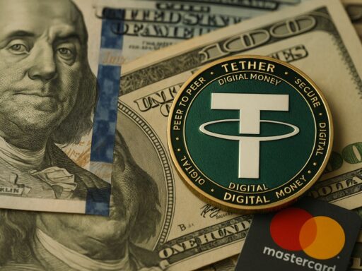 Il simbolo di Tether e quello di Mastercard con delle banconote sullo sfondo