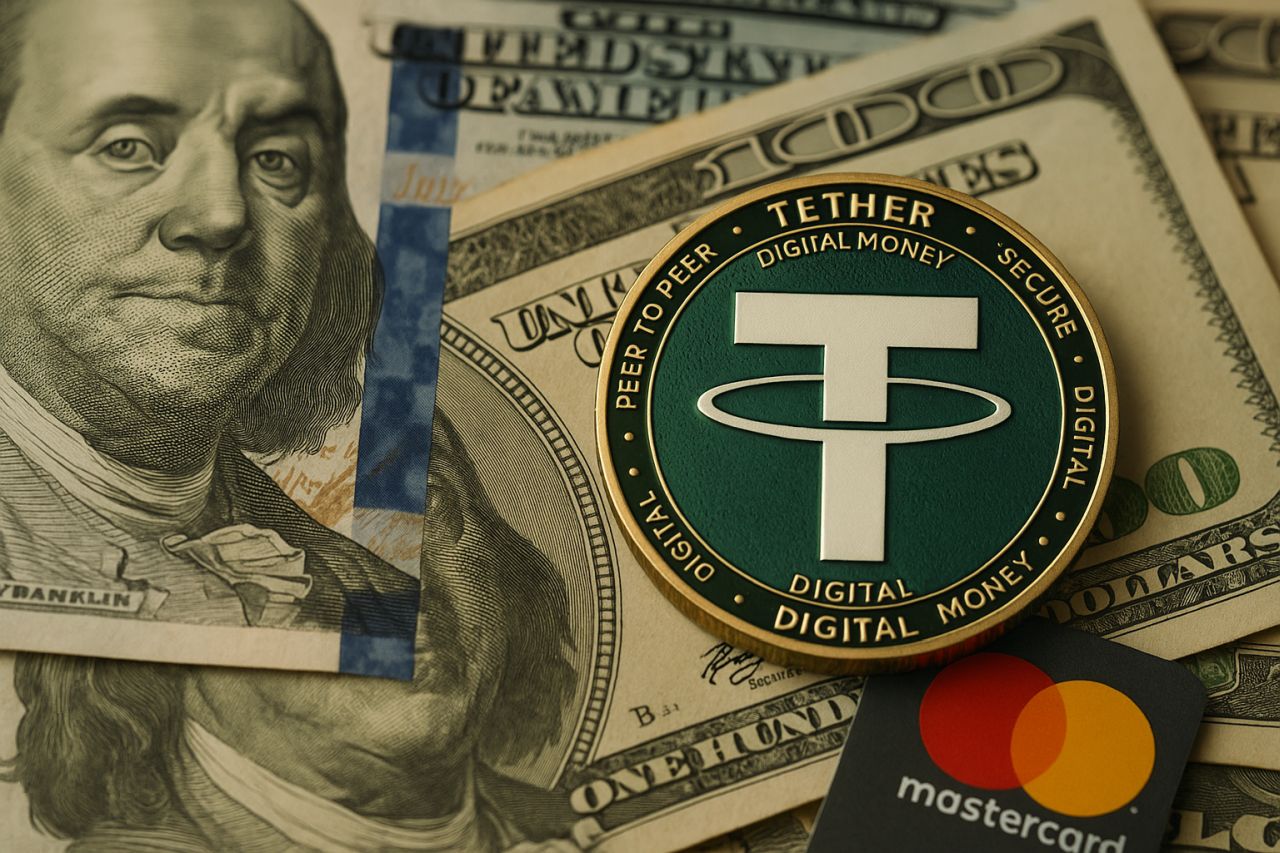 Il simbolo di Tether e quello di Mastercard con delle banconote sullo sfondo