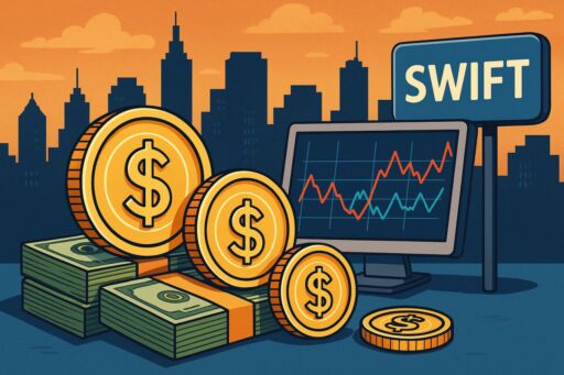 Alcune monete con uno schermo e la scritta Swift su un cartello
