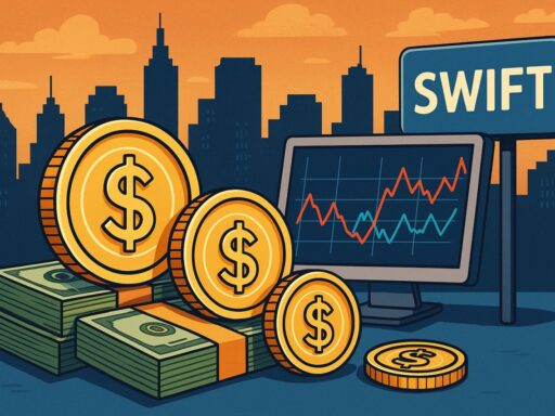 Alcune monete con uno schermo e la scritta Swift su un cartello