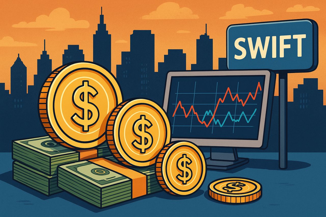 Alcune monete con uno schermo e la scritta Swift su un cartello