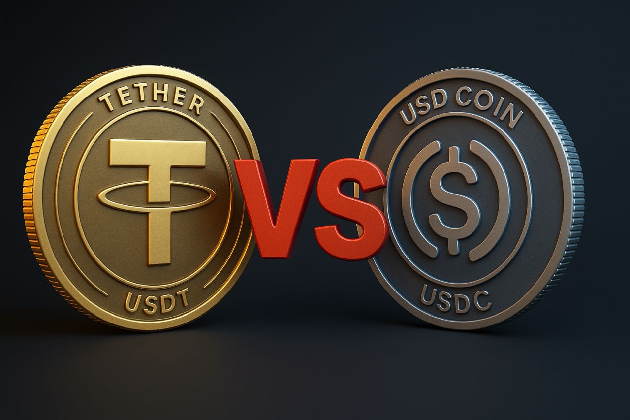 Una moneta con il simbolo di USDT accanto a una col simbolo di USDC