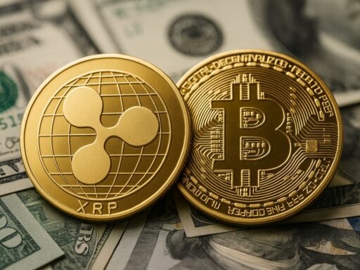 Una moneta di XRP accanto a una di BTC con delle banconote sotto