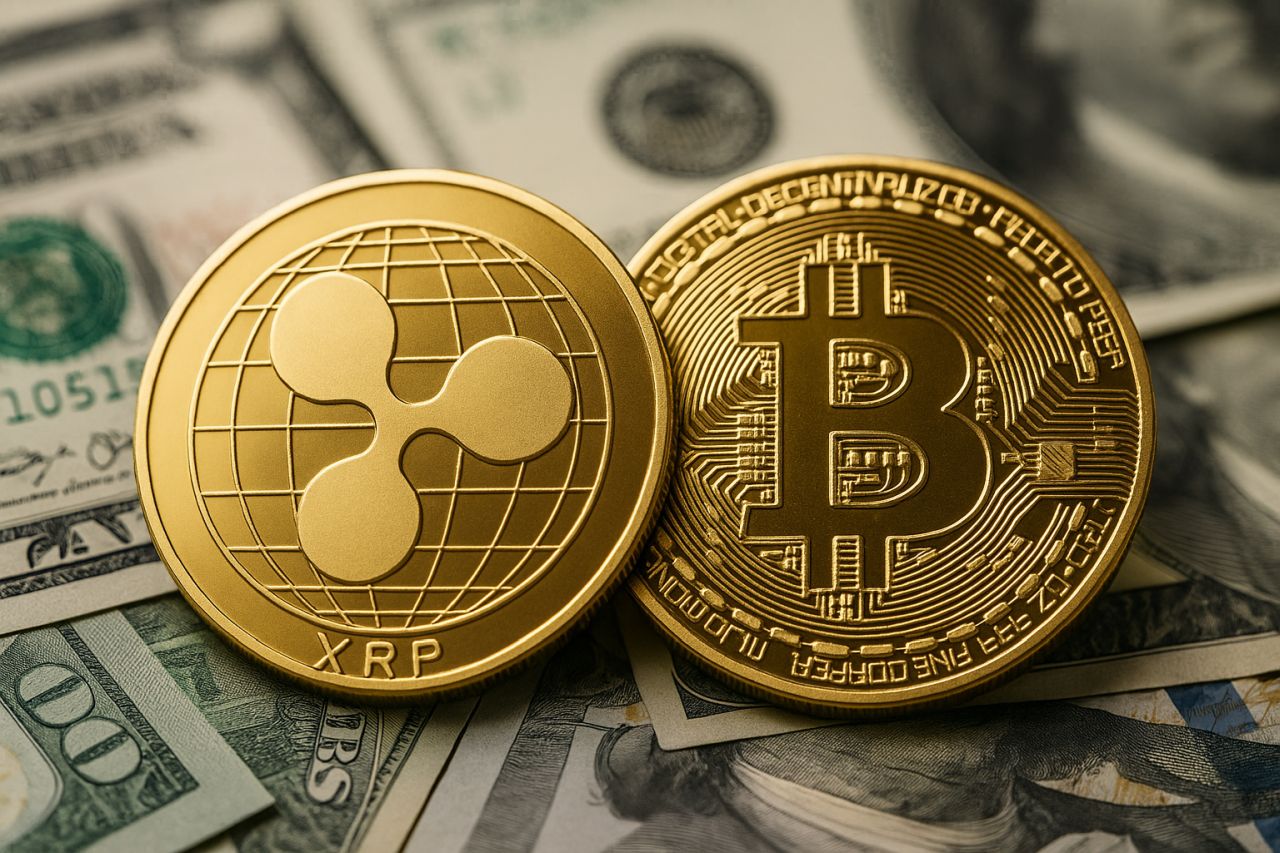 Una moneta di XRP accanto a una di BTC con delle banconote sotto