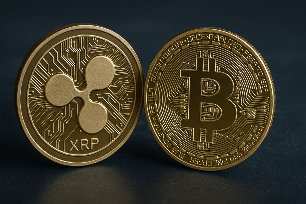 Una moneta di XRP accanto a una di BTC