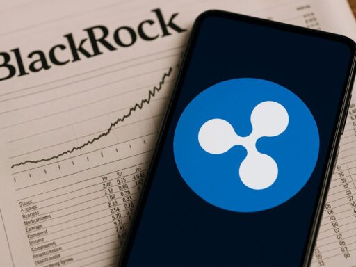 Il simbolo di XRP sullo schermo di un dispositivo mobile e un foglio con la scritta BlackRock