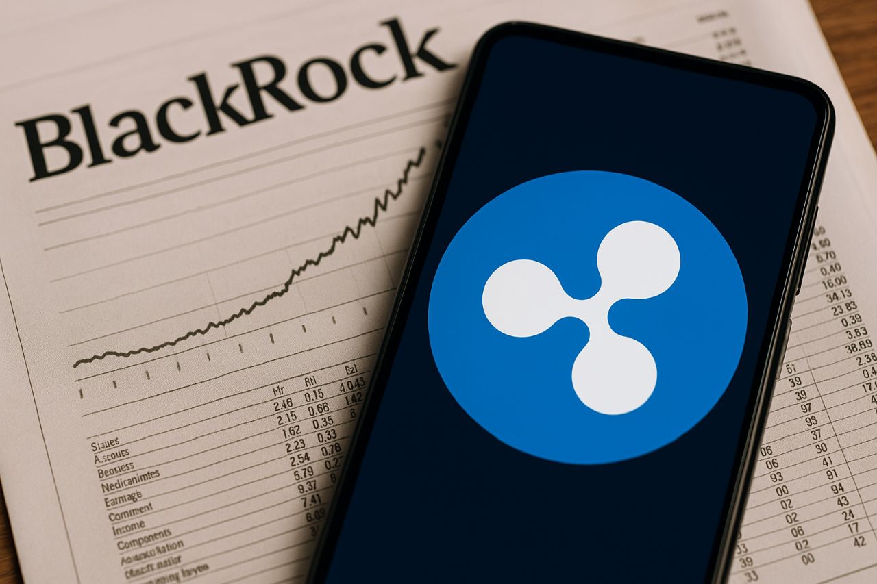 Il simbolo di XRP sullo schermo di un dispositivo mobile e un foglio con la scritta BlackRock