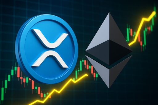 Il sombolo di XRP e quello di Ethereum con dei grafici sullo sfondo