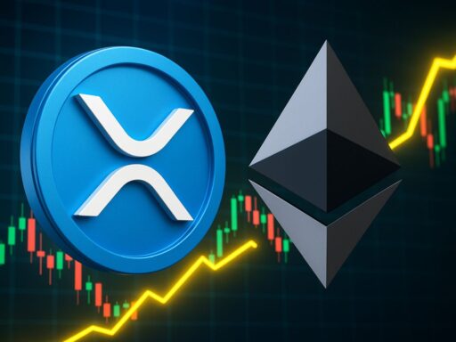 Il sombolo di XRP e quello di Ethereum con dei grafici sullo sfondo