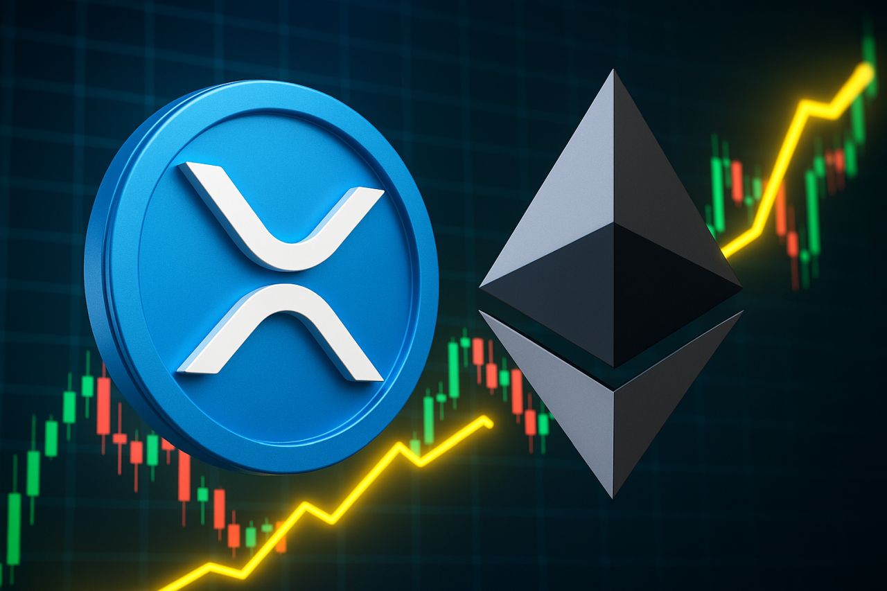 Il sombolo di XRP e quello di Ethereum con dei grafici sullo sfondo