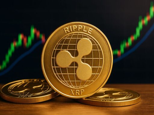 Una moneta con il simbolo di XRP e un grafico a candele sullo sfondo