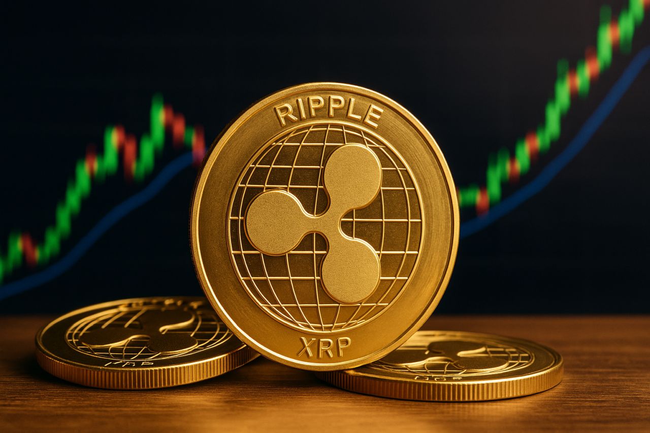 Una moneta con il simbolo di XRP e un grafico a candele sullo sfondo