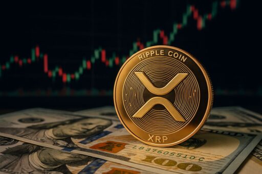 Una moneta con il simbolo di XRP con un grafico a candele sullo sfondo e delle banconote sotto di essa
