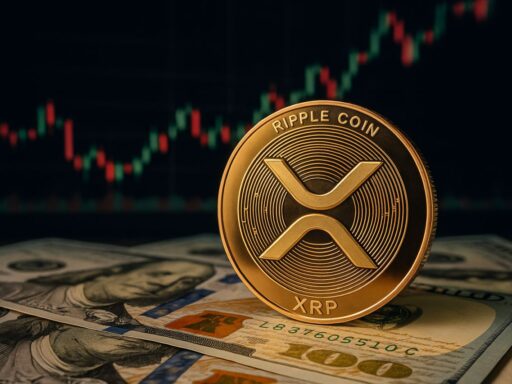 Una moneta con il simbolo di XRP con un grafico a candele sullo sfondo e delle banconote sotto di essa