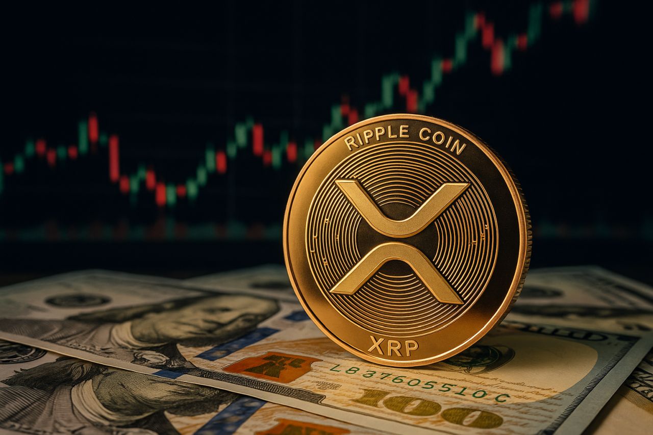 Una moneta con il simbolo di XRP con un grafico a candele sullo sfondo e delle banconote sotto di essa