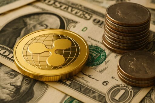 Una moneta con il simbolo di XRP e alcune banconote sotto di essa
