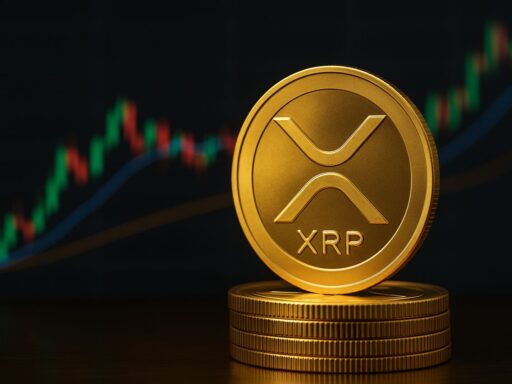Una moneta con il simbolo di XRP e un grafico a candele sullo sfondo