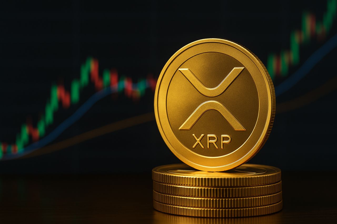Una moneta con il simbolo di XRP e un grafico a candele sullo sfondo