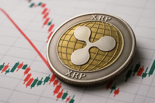 Una moneta con il simbolo di XRP e dei grafici a candele sullo sfondo