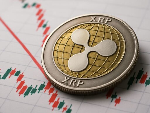 Una moneta con il simbolo di XRP e dei grafici a candele sullo sfondo