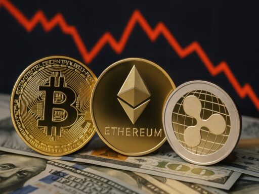 Una moneta di BTC accanto a una di ETH e una di XRP. Sotto di esse delle banconote e sullo sfondo un grafico in rosso