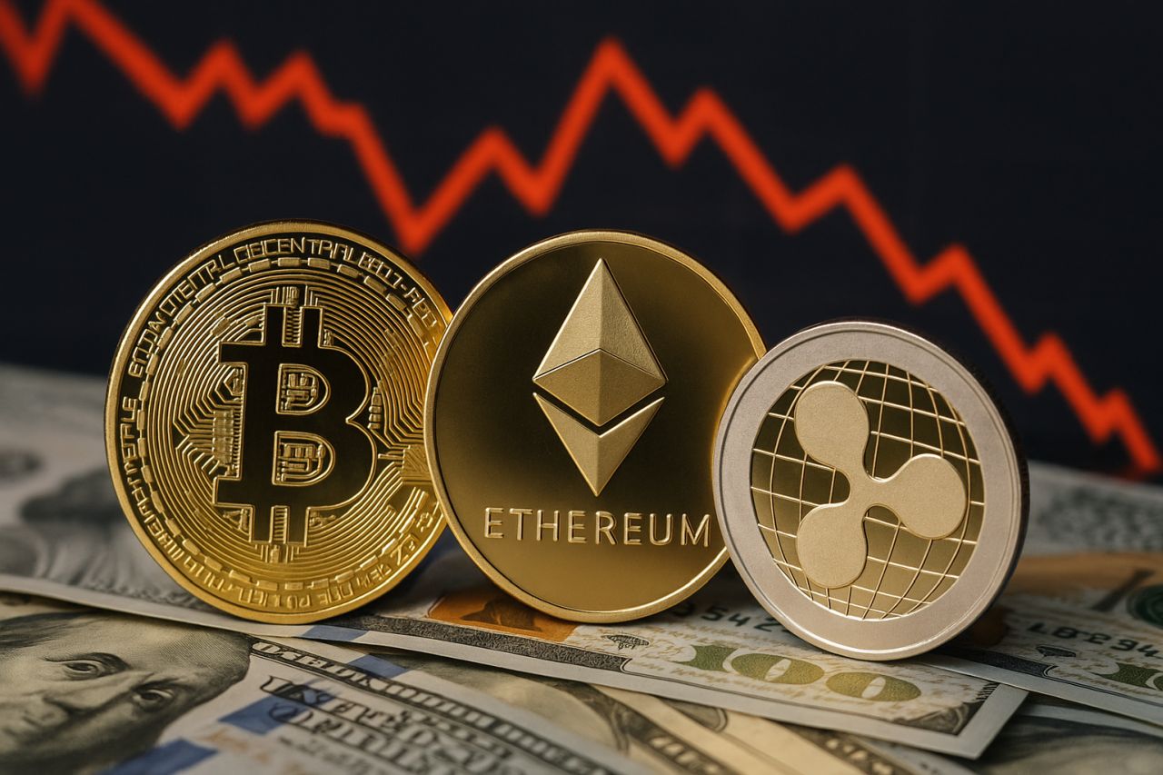Una moneta di BTC accanto a una di ETH e una di XRP. Sotto di esse delle banconote e sullo sfondo un grafico in rosso
