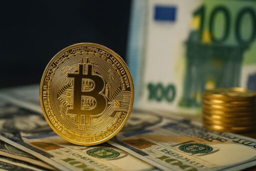 una moneta di Bitcoin poggiata su alcune banconote