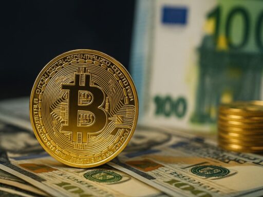 una moneta di Bitcoin poggiata su alcune banconote