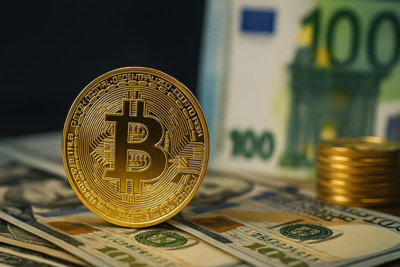 una moneta di Bitcoin poggiata su alcune banconote