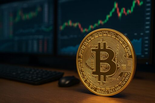 Una moneta di Bitcoin con un grafico a candele sullo sfondo