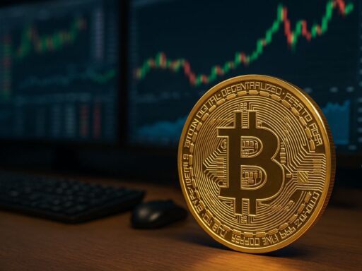 Una moneta di Bitcoin con un grafico a candele sullo sfondo