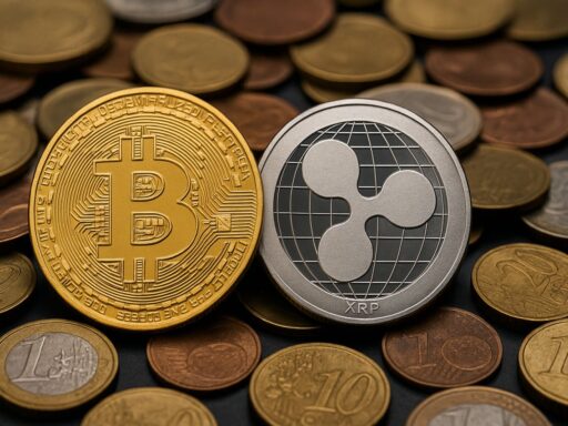 Una moneta di Bitcoin accanto a una moneta di XRP con tante monetine sullo sfondo