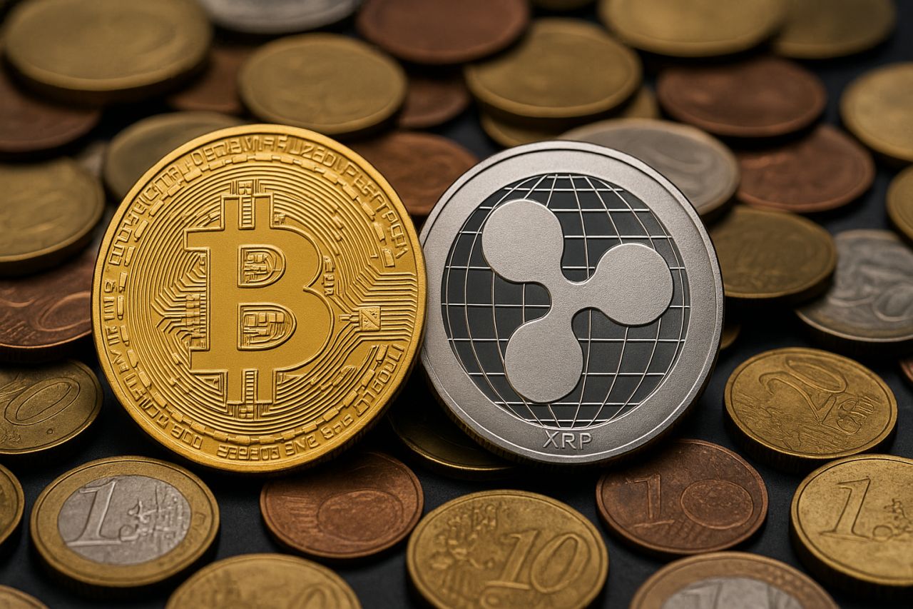 Una moneta di Bitcoin accanto a una moneta di XRP con tante monetine sullo sfondo