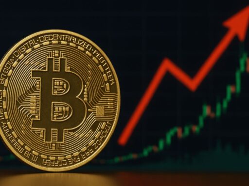 Una moneta di Bitcoin con un grafico a candele e una freccia verso l'alto sullo sfondo