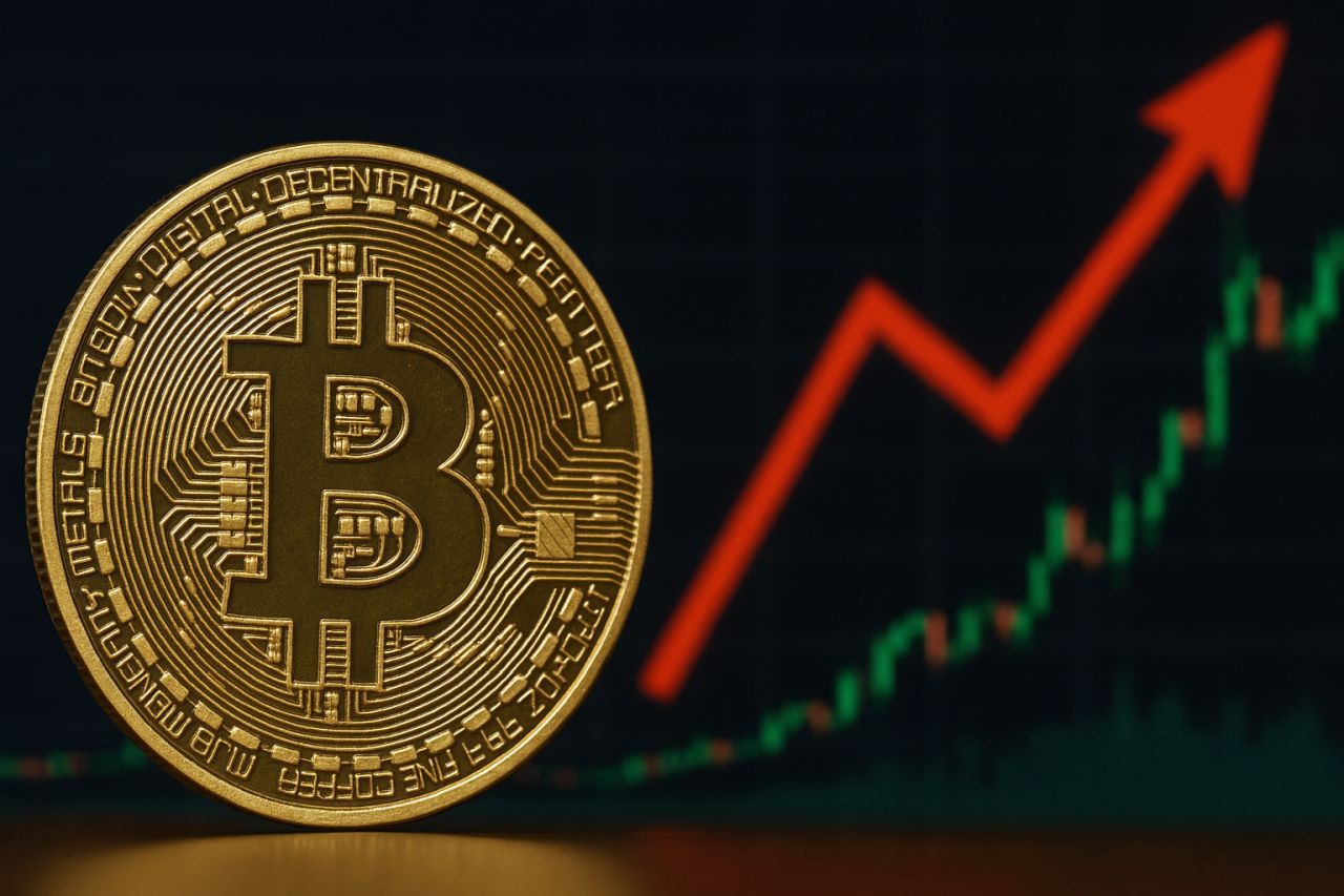 Una moneta di Bitcoin con un grafico a candele e una freccia verso l'alto sullo sfondo