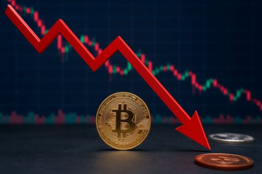 Una moneta di Bitcoin poggiata di taglio su un piano lucido, sovrastata da una freccia rossa verso il basso. Sullo sfondo un grafico a candele