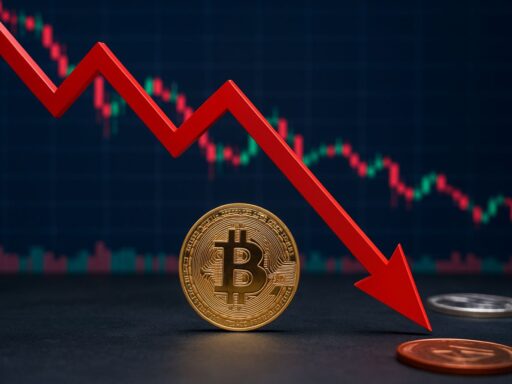 Una moneta di Bitcoin poggiata di taglio su un piano lucido, sovrastata da una freccia rossa verso il basso. Sullo sfondo un grafico a candele