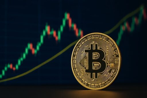 Una moneta di Bitcoin con un grafico a candele sullo sfondo