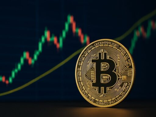 Una moneta di Bitcoin con un grafico a candele sullo sfondo