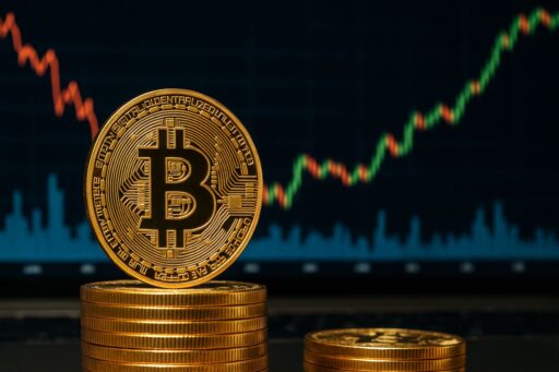 Una moneta di Bitcoin con un grafico a candele sullo sfondo