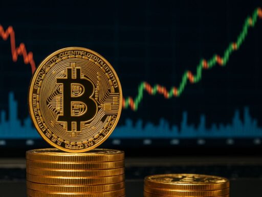 Una moneta di Bitcoin con un grafico a candele sullo sfondo