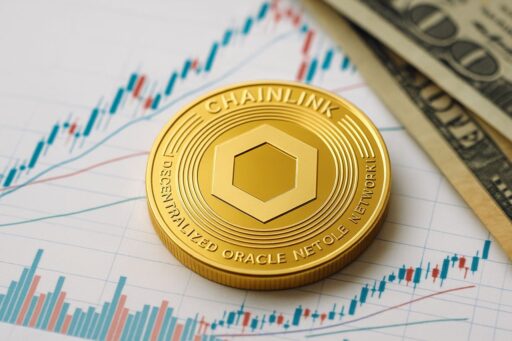 Una moneta con il simbolo di Chainlink poggiata su un foglio con dei grafici finanziari