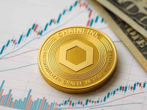 Una moneta con il simbolo di Chainlink poggiata su un foglio con dei grafici finanziari